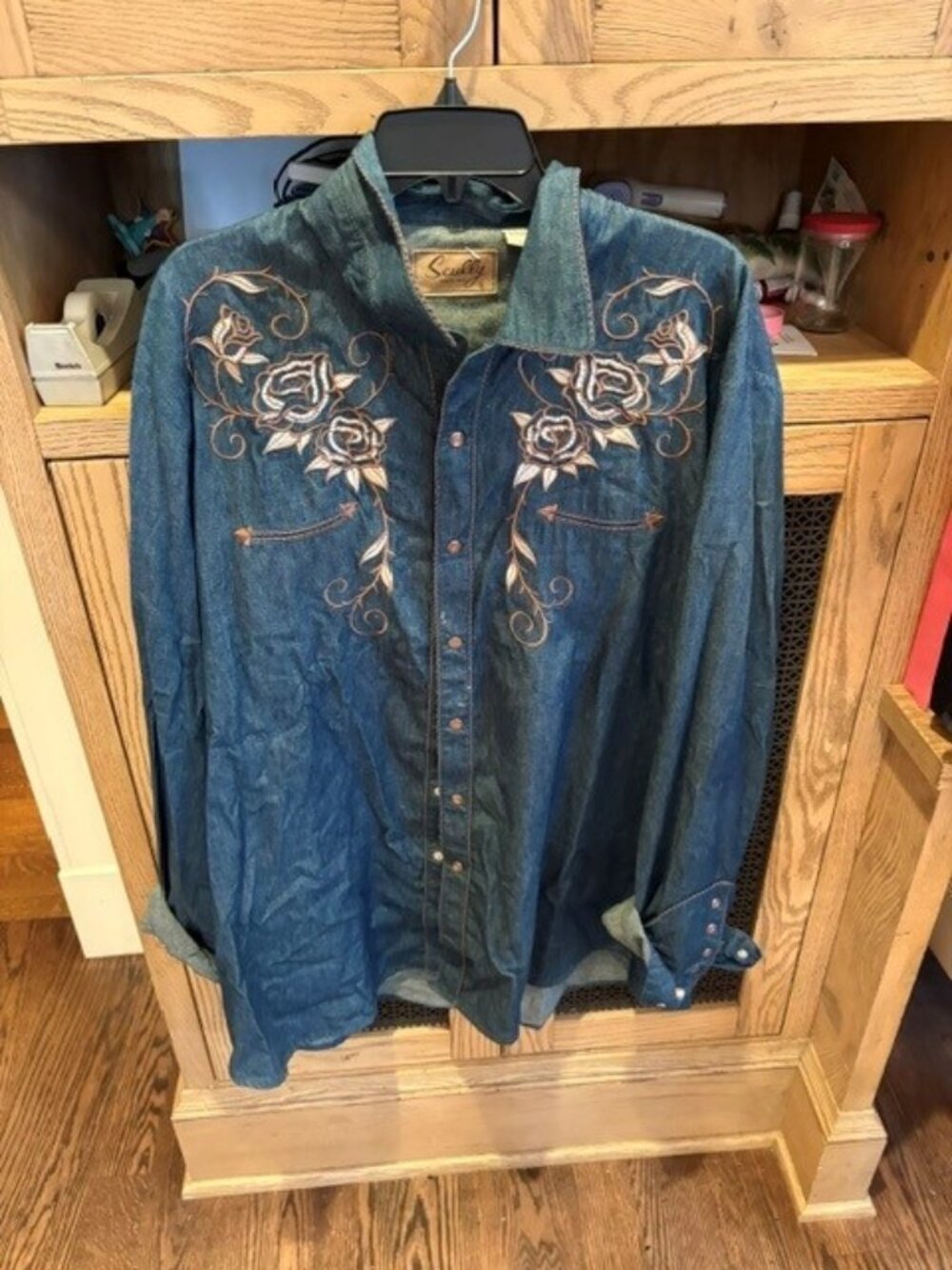 Scully Rose -Embroidered Denim western Pearl snap shirt featuring floral em.